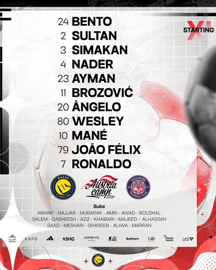 利雅得胜利vs图卢兹首发：菲利克斯首秀联手C罗！马内 西马坎先发