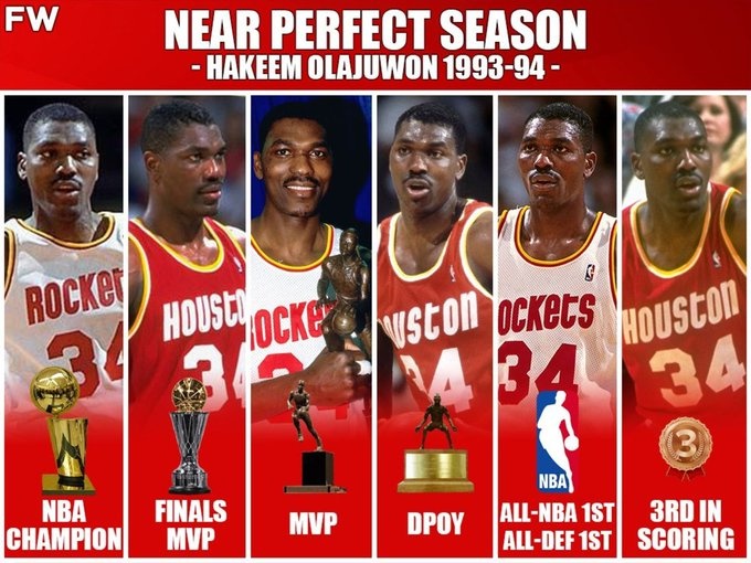 历史单季最强表现？美媒晒大梦93-94赛季各种斩获：FMVP&MVP&DPOY